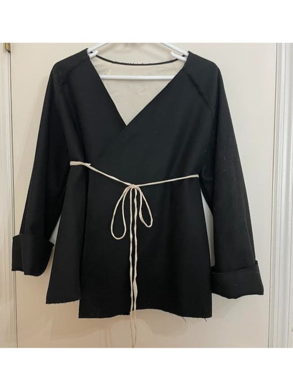 Girls Little Creative Factory Black Wrap Jacket w/ White Lining and Belt 14 yr